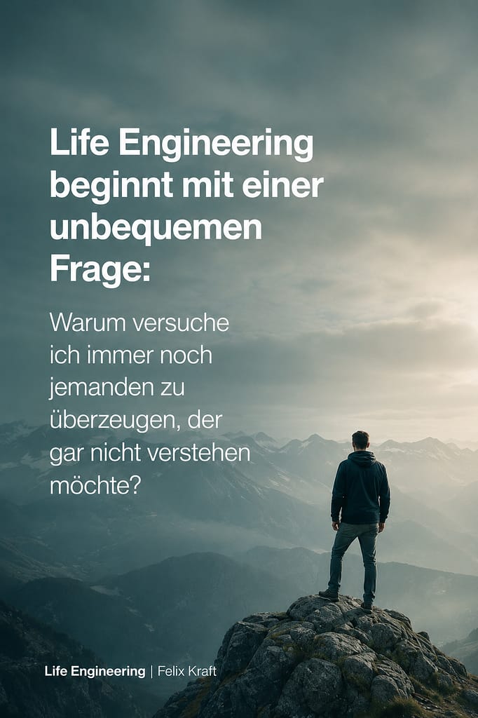 Mann steht allein auf einem Berggipfel und blickt in die Ferne – Beitragsbild zum Artikel „Life Engineering beginnt mit einer unbequemen Frage“