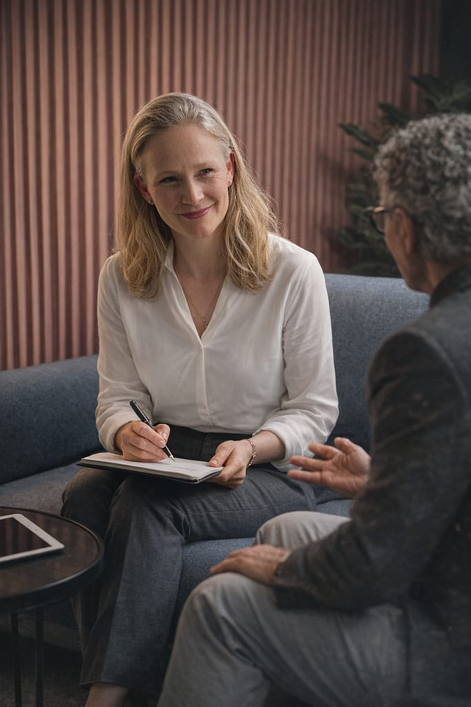 Carolin Oswald im persönlichen Coaching-Gespräch mit einem Klienten – Symbolbild für ganzheitliche Begleitung bei Stronger Life Together