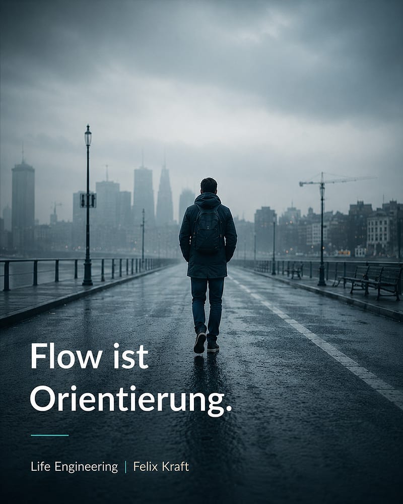 Person läuft morgens durch eine neblige Stadt. Das Bild symbolisiert Flow, Orientierung, Selbstführung und die Suche nach dem eigenen Weg im Leben