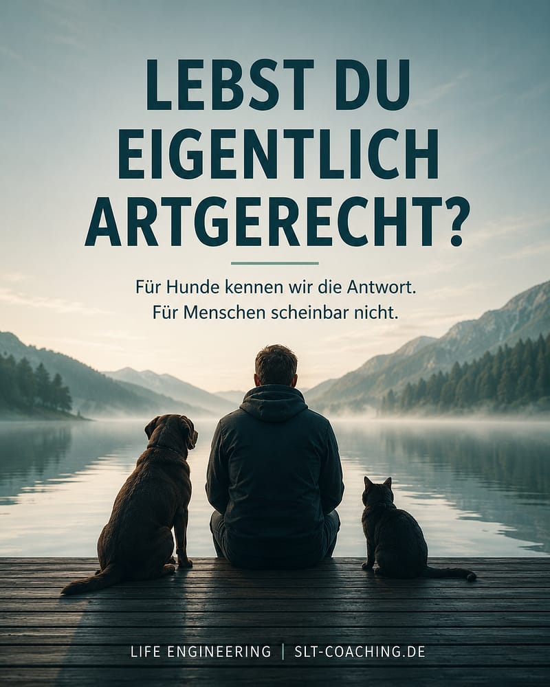 Mensch mit Hund und Katze stellt die Frage: Lebst Du eigentlich artgerecht? – Beitragsbild zum gleichnamigen Artikel