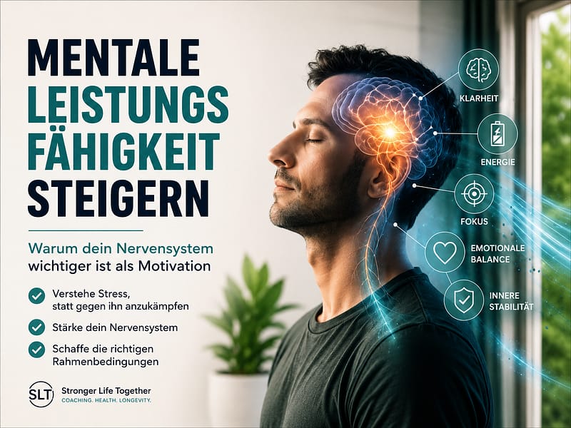 Illustration eines aktivierten Gehirns mit den Begriffen Klarheit, Energie und Fokus – Beitragsbild zum Artikel „Mentale Leistungsfähigkeit steigern“